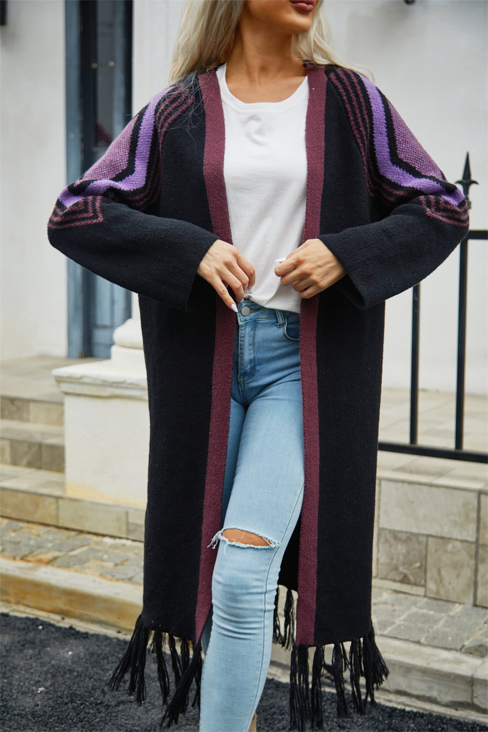 Drune | Geometric Fringe Hem Offene Front Duster Cardigan
