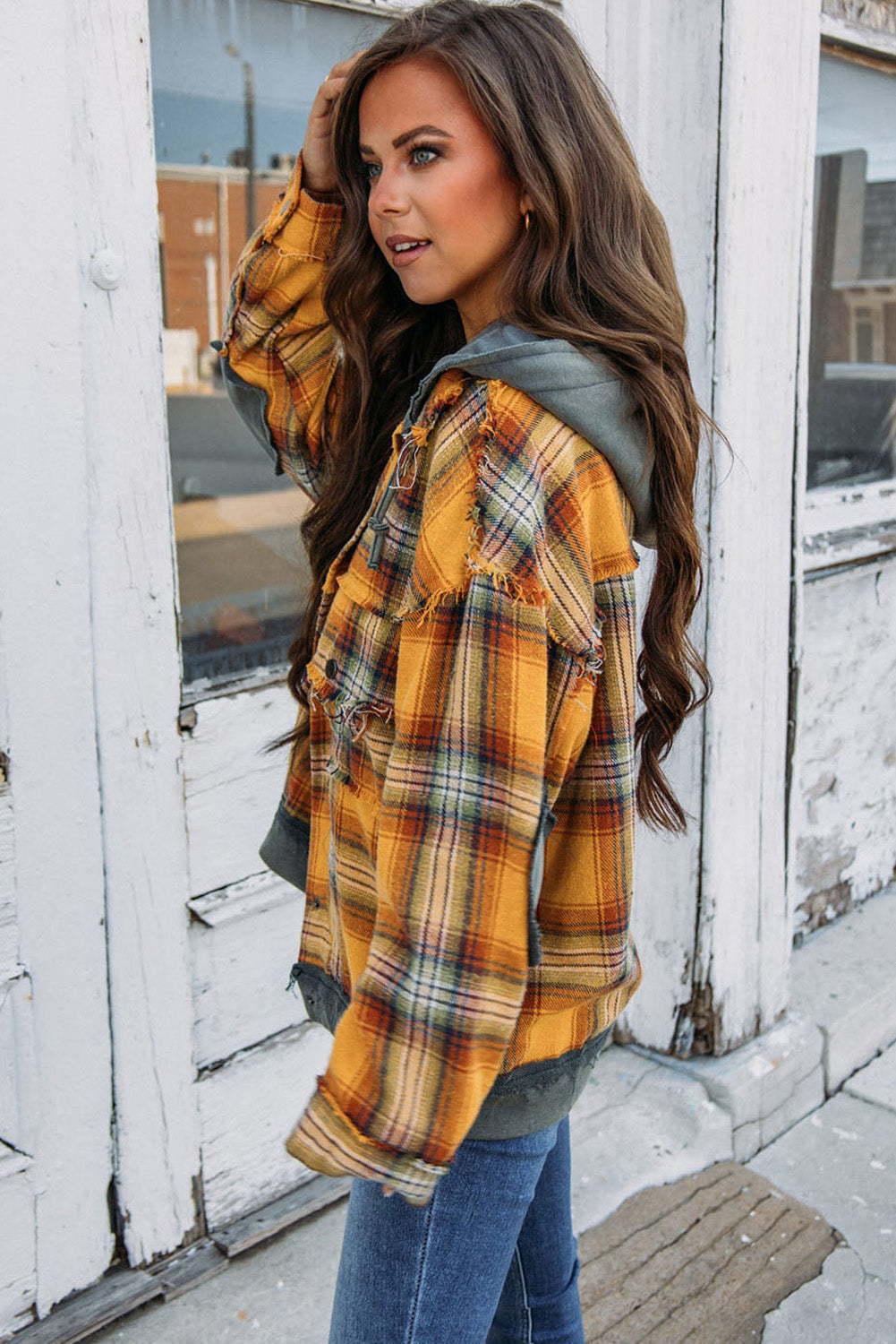 Drune | Karierte Jacke mit Kapuze und Rohen Kanten Baumwolle Lässig und Trendy