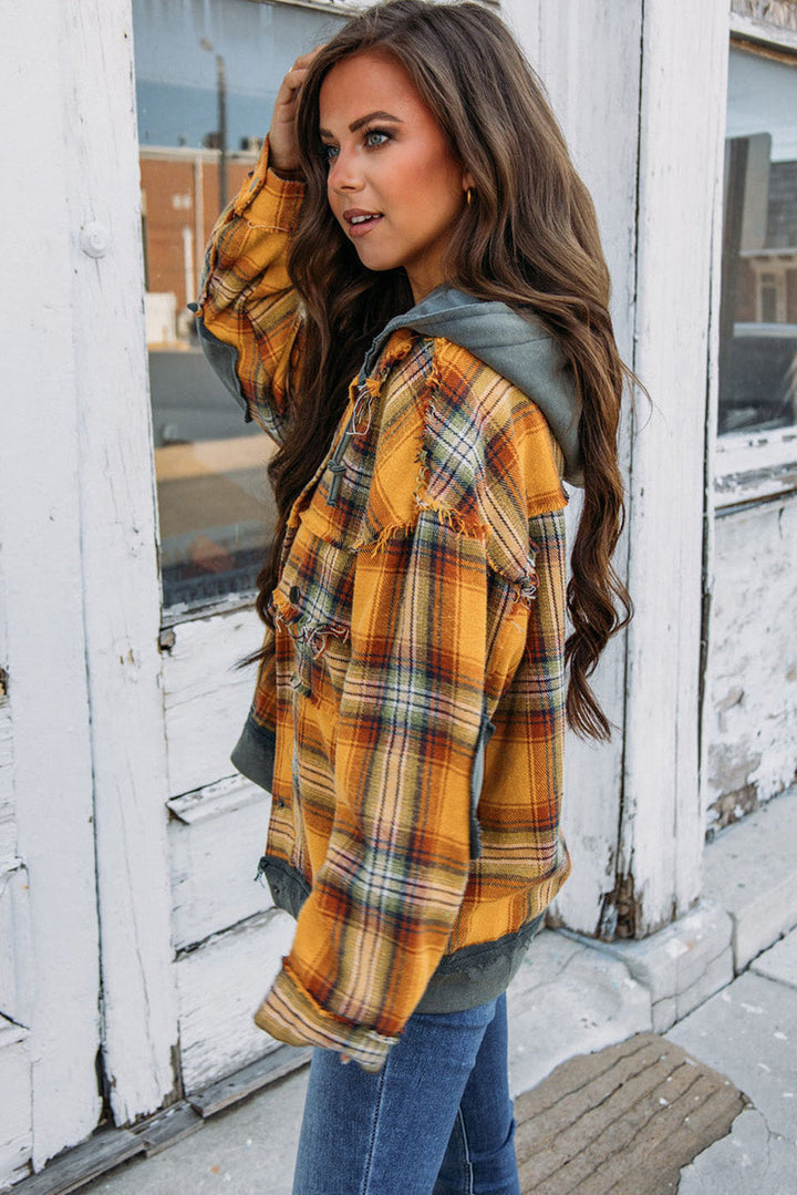 Drune | Karierte Jacke mit Kapuze und Rohen Kanten Baumwolle Lässig und Trendy