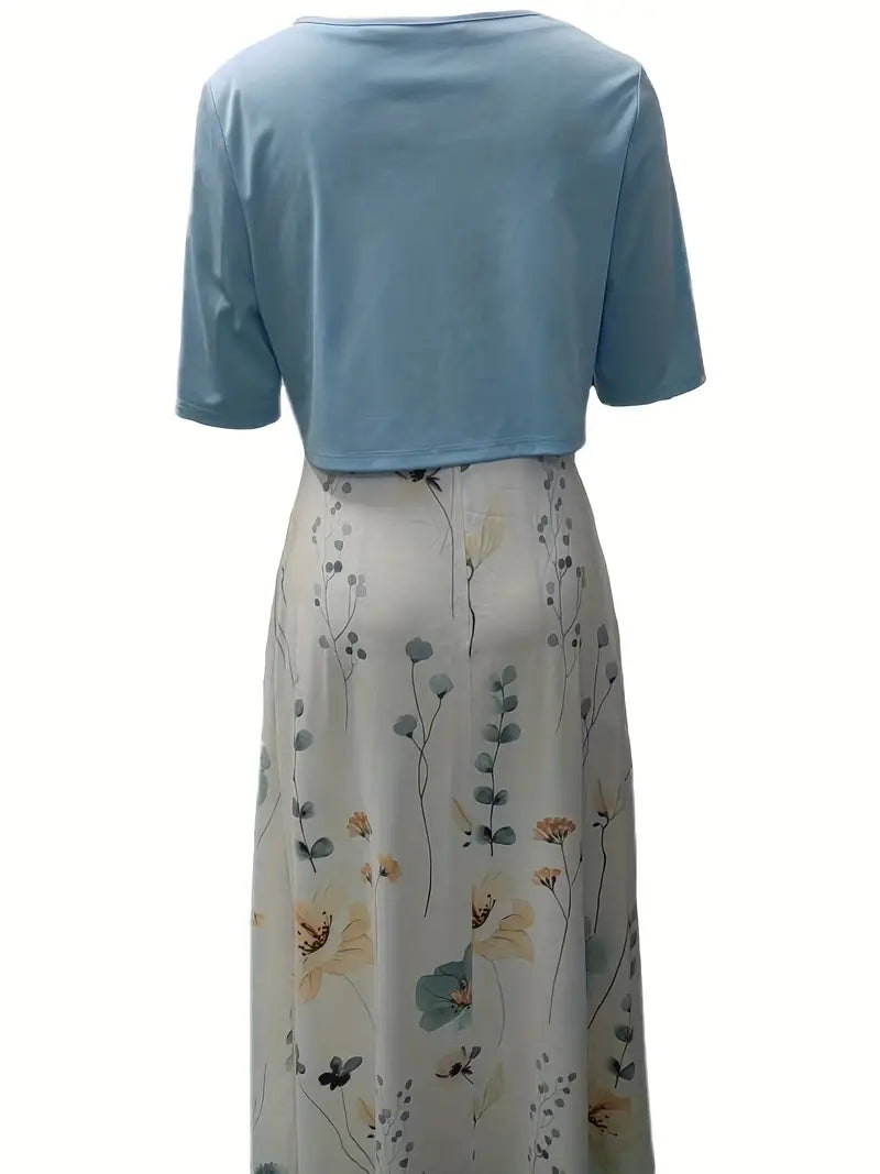 Drune – elegantes zweiteiliges blumenkleid-set mit einfarbigem crop-top und kleid mit rundhalsausschnitt