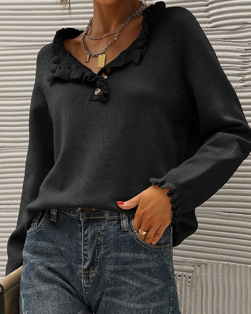 Drune | Lässiger Einfarbiger Pullover mit Reversknopf und Rüschen