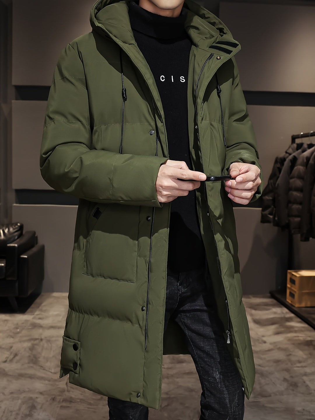 Drune |  Schwarze Gepolsterte Lange Jacke Mit Kapuze Baumwoll Winterjacke Für Herren - Perfekt für Outdoor Aktivitäten