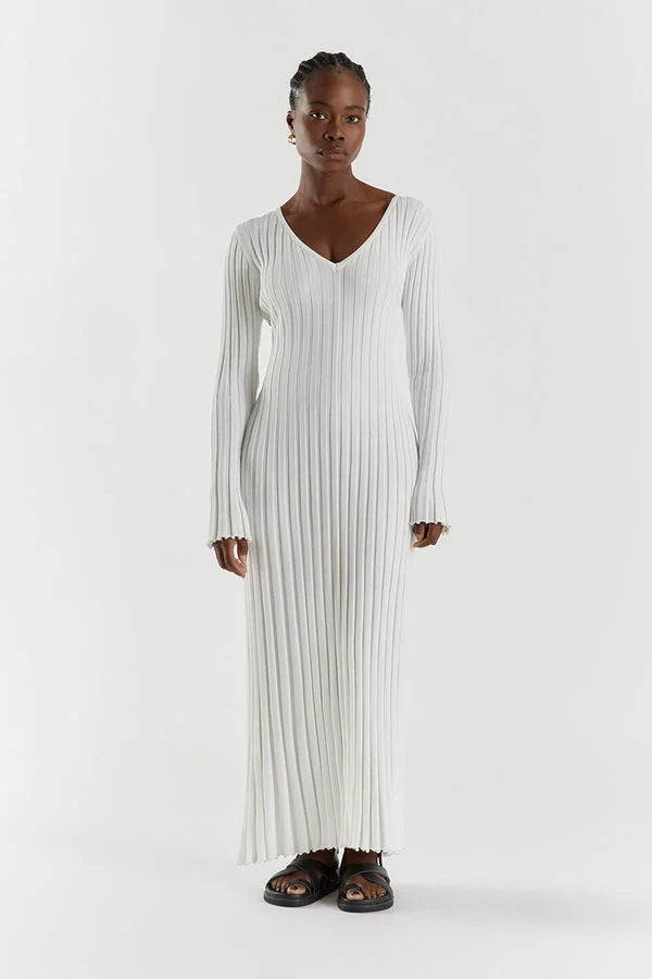 Drune | Bequemes Gestricktes Damen Midi Kleid mit V-Ausschnitt