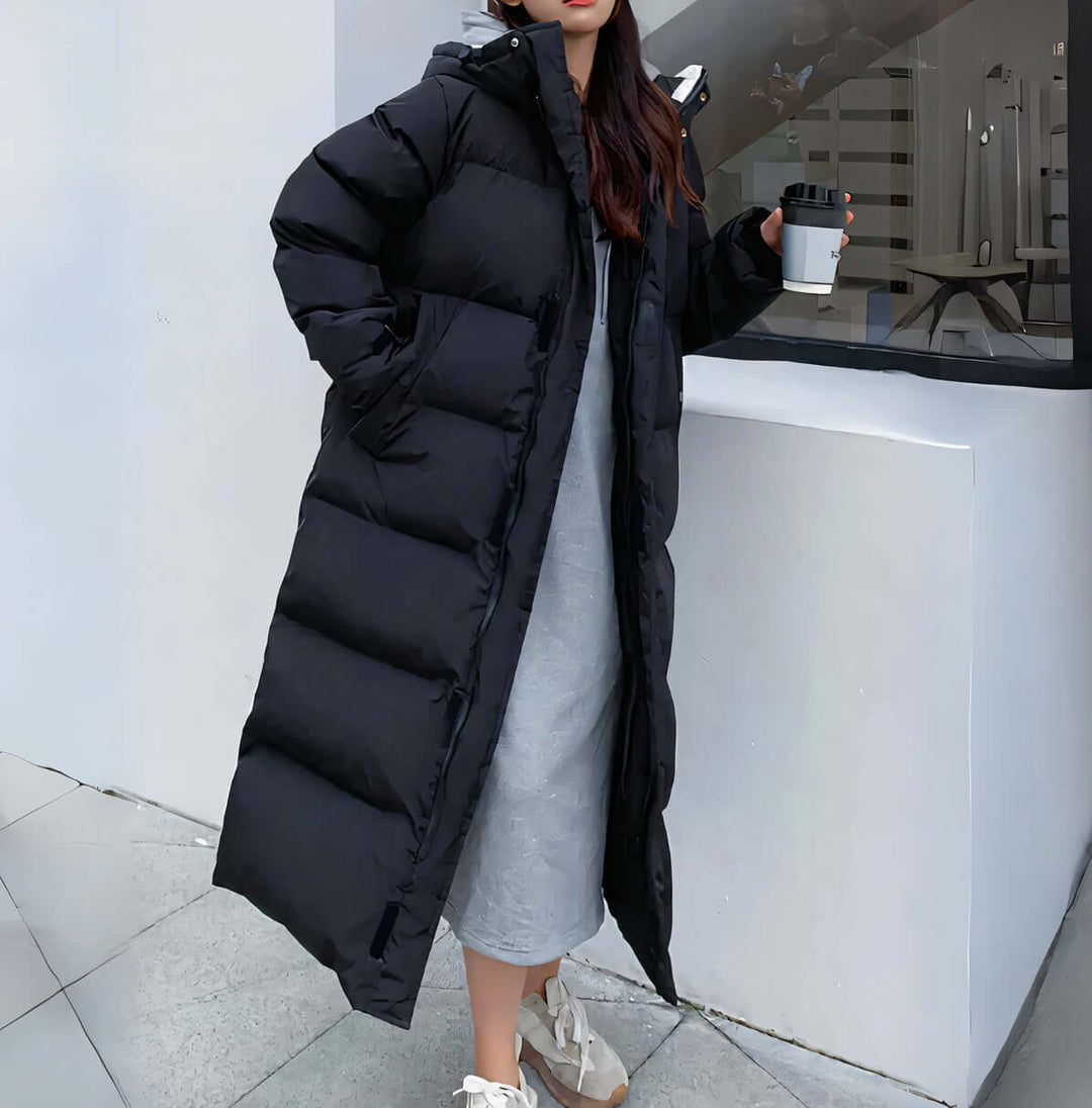 Drune | Damen Lang Pufferjacke mit Kapuze