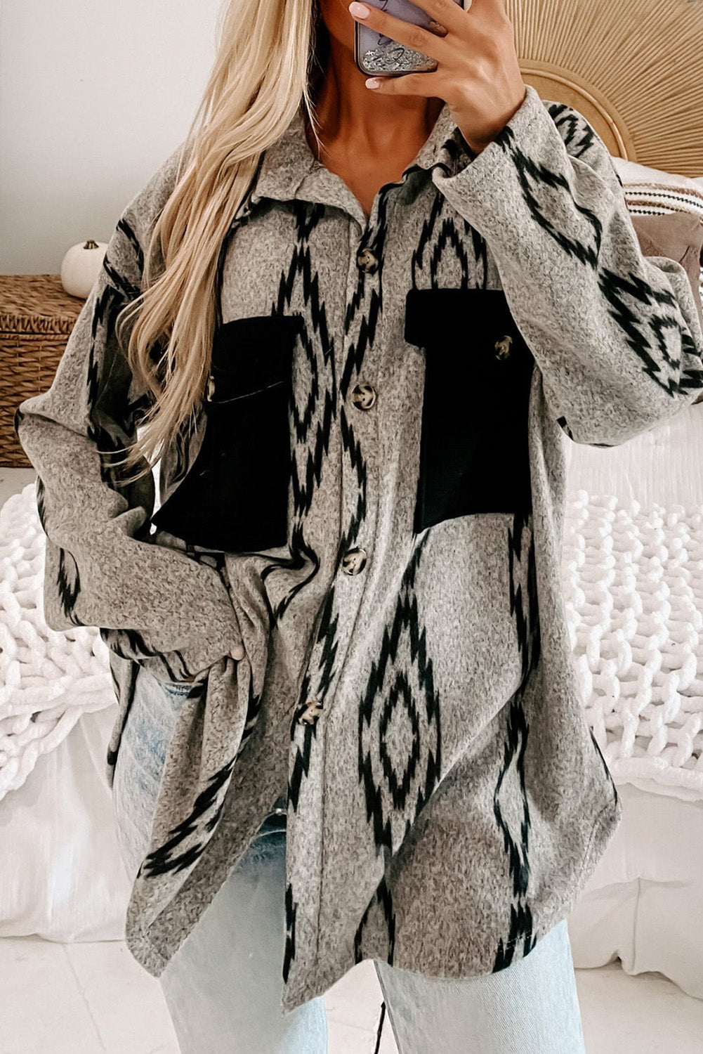 Drune | Hemdjacke mit Aztekischem Druck Weiche Wollmischung Boho-chic Stil