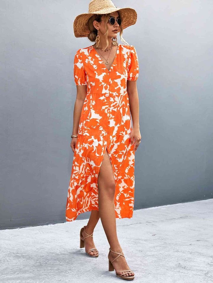 Drune | V-Ausschnitt Kurzarm Hohe Schlitz Midi Kleid