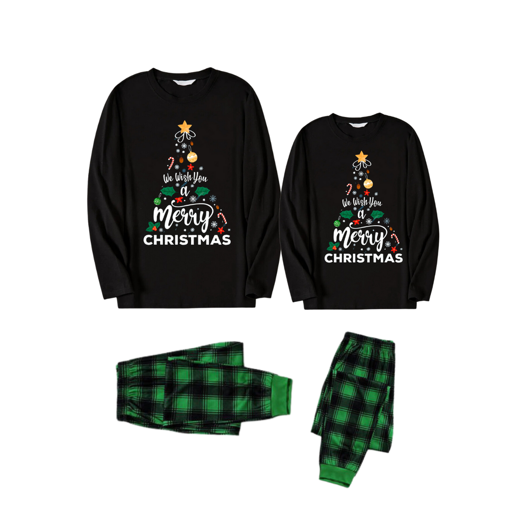 Drune | "Wir wünschen Ihnen ein frohes Weihnachtsfest" Bedrucktes Muster Schwarzes Langarmtop mit Schwarz- und Grünkarierten Hosen Paar Matching Pyjamas