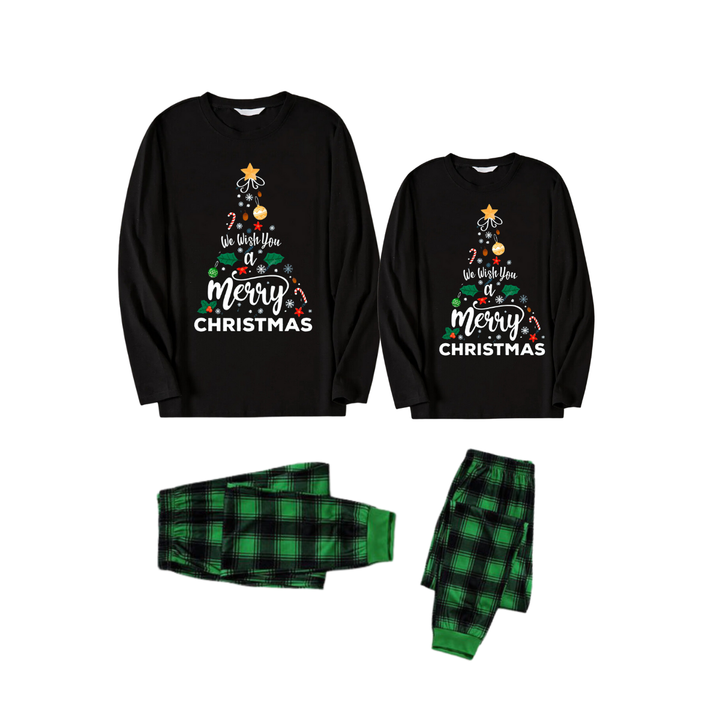 Drune | "Wir wünschen Ihnen ein frohes Weihnachtsfest" Bedrucktes Muster Schwarzes Langarmtop mit Schwarz- und Grünkarierten Hosen Paar Matching Pyjamas