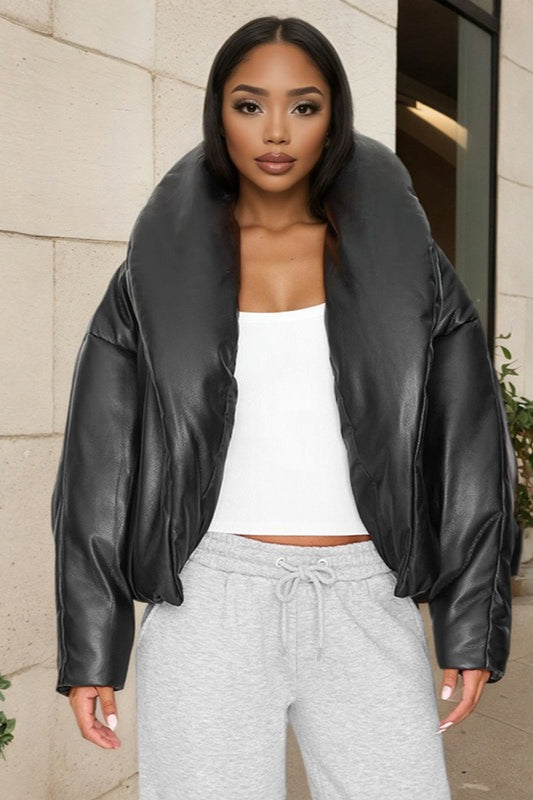 Drune | Leder Stehkragen Cropped Pufferjacke