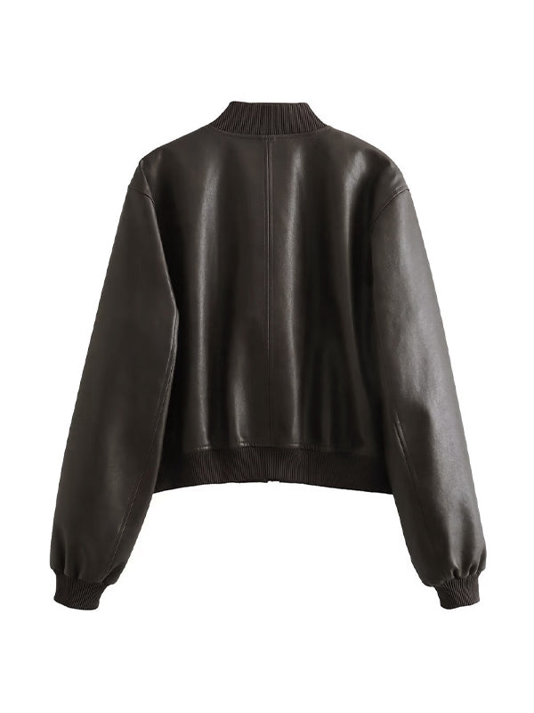 Drune | Einfarbige Leder Bomberjacke