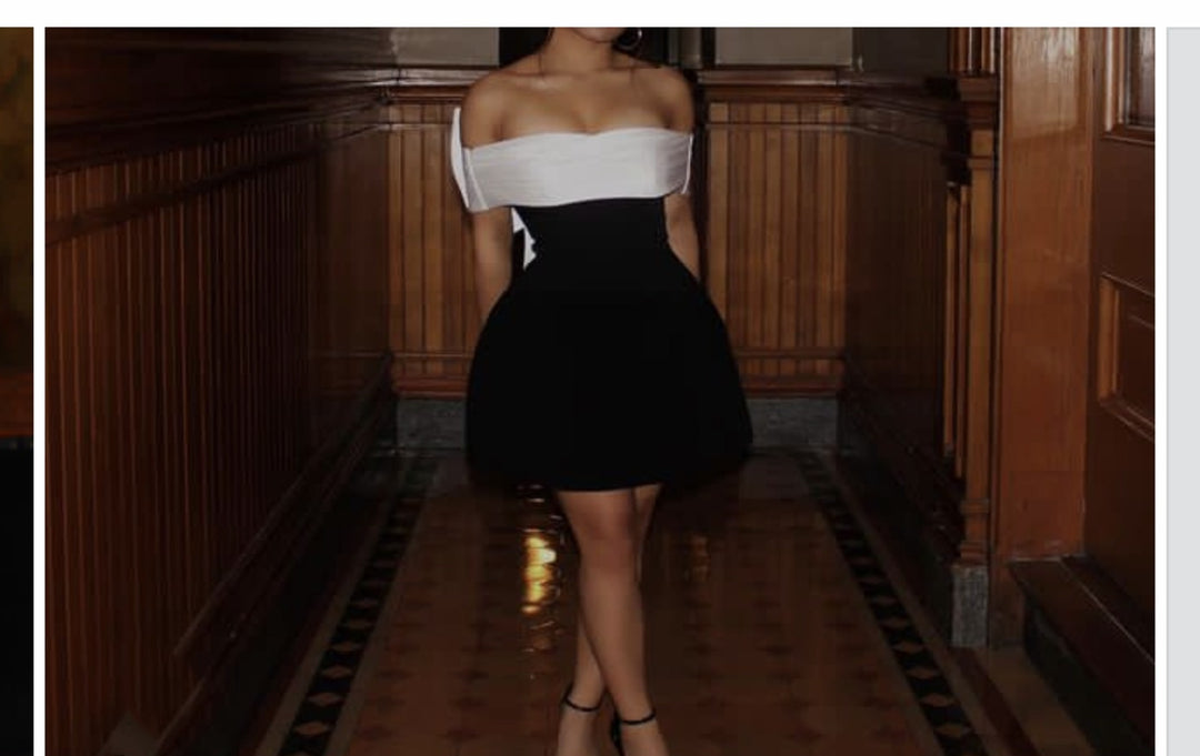 Drune | Ein-Wort-Schulter schwarz-weißes Kleid mit kontrastierender Schleife