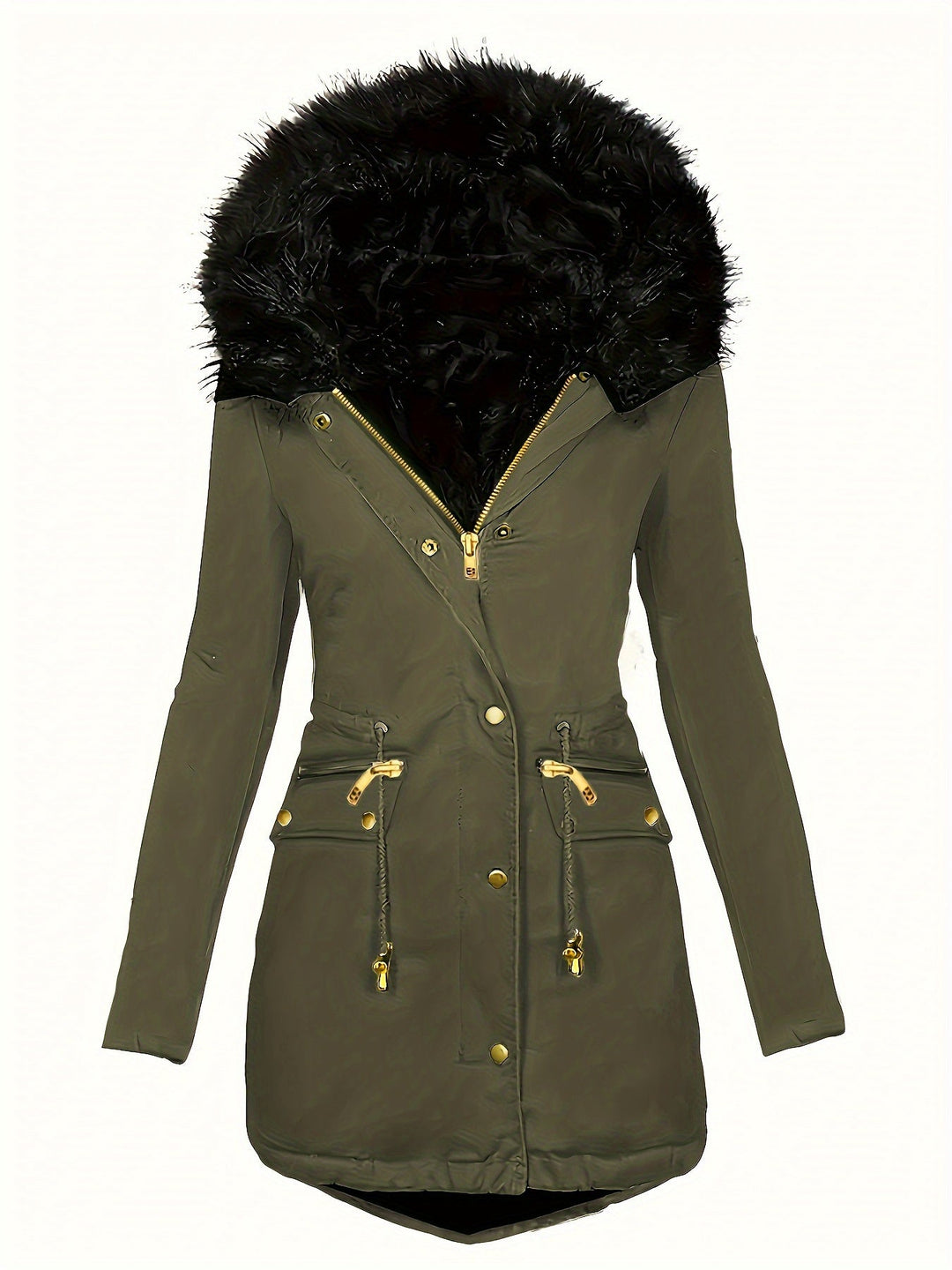 Drune | Zip up Parka Mantel mit Knöpfen Kapuze Damen Winterjacke