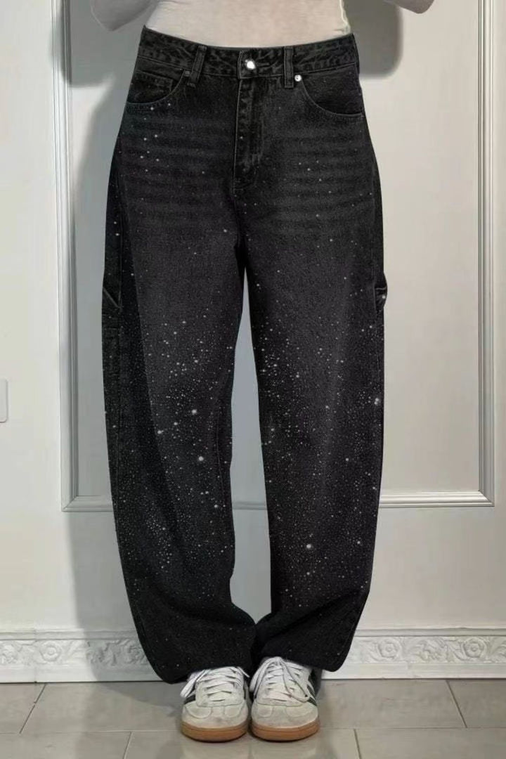 Drune | Damen Gewaschene Jeans Mit Strassdetails Im Weiten Schnitt