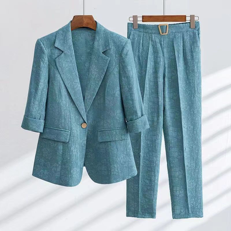 Drune | Herbst Damen Leinen 2 Teile Blazer Set mit Gürtel
