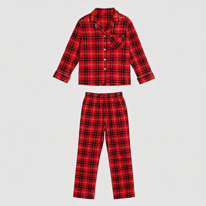 Drune | Weihnachtsfamilien-Matching Rote Karierte Knopf-Oben Langarm Pyjama Sets Mit Hund