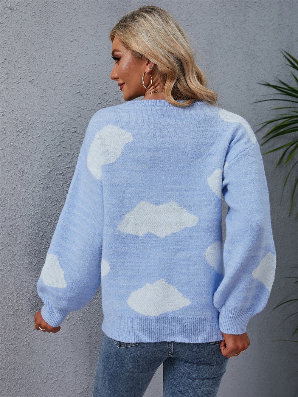 Drune Weiß Wolkenmuster Rundhals Strickpullover