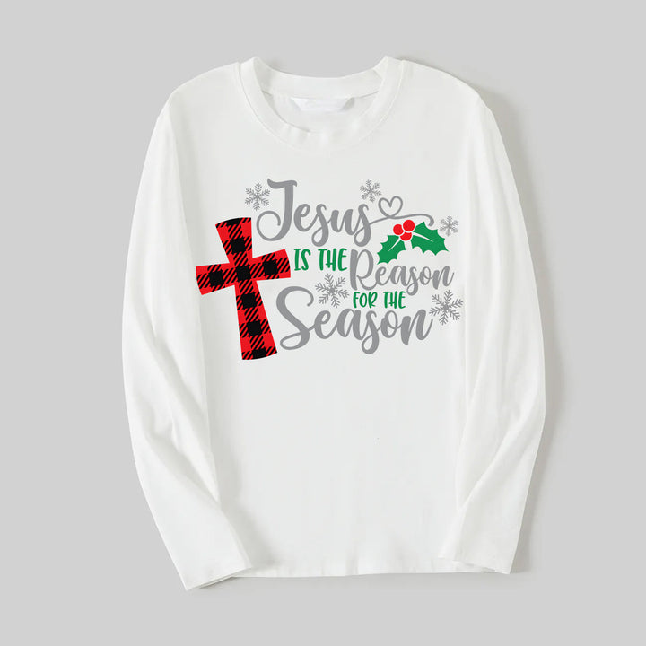 Drune | Weihnachten "Jesus ist der Grund für die Saison" Buchstabenprint gemustert weiß Langarm mit weißen&roten&grünen Karohose Familienpassende Schlafanzüge