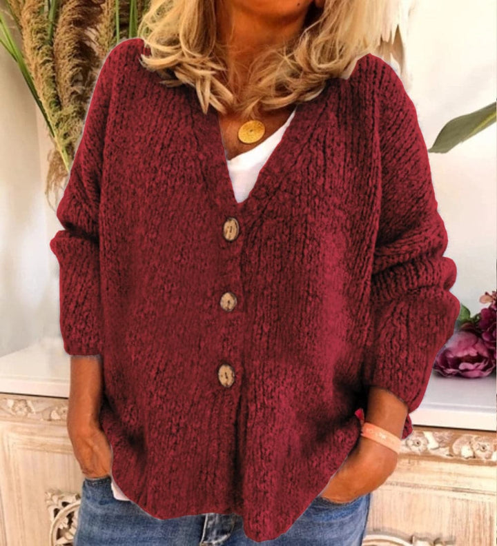 Drune | Cardigan Relaxed Fit Chunky Knit V-Ausschnitt Knopf Vorderseite Ballonärmel