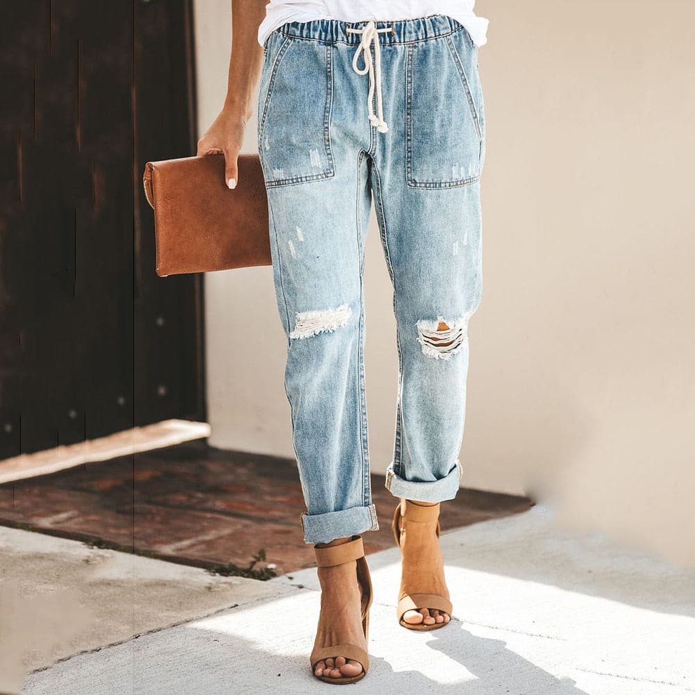 Drune | Relaxed Fit Zerrissene Denim Elastischer Bund Mit Kordelzug