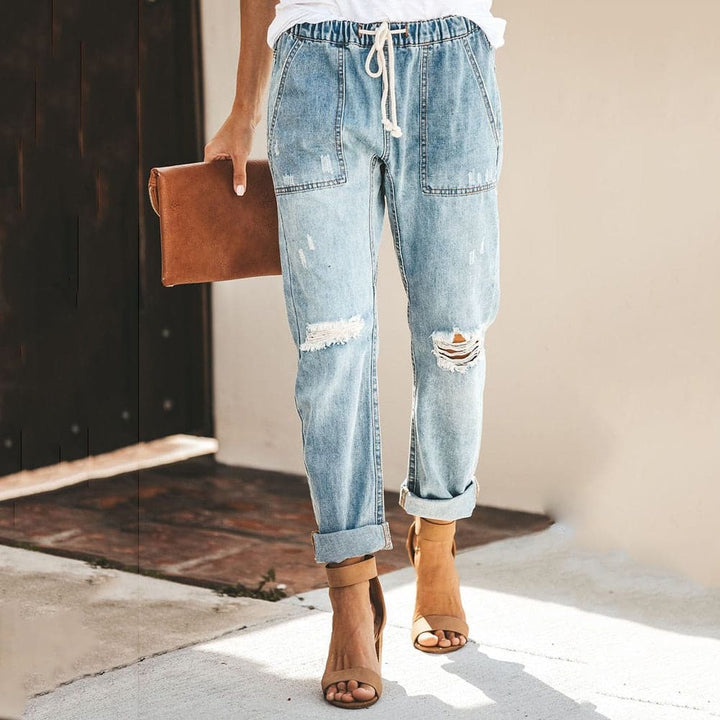 Drune | Relaxed Fit Zerrissene Denim Elastischer Bund Mit Kordelzug