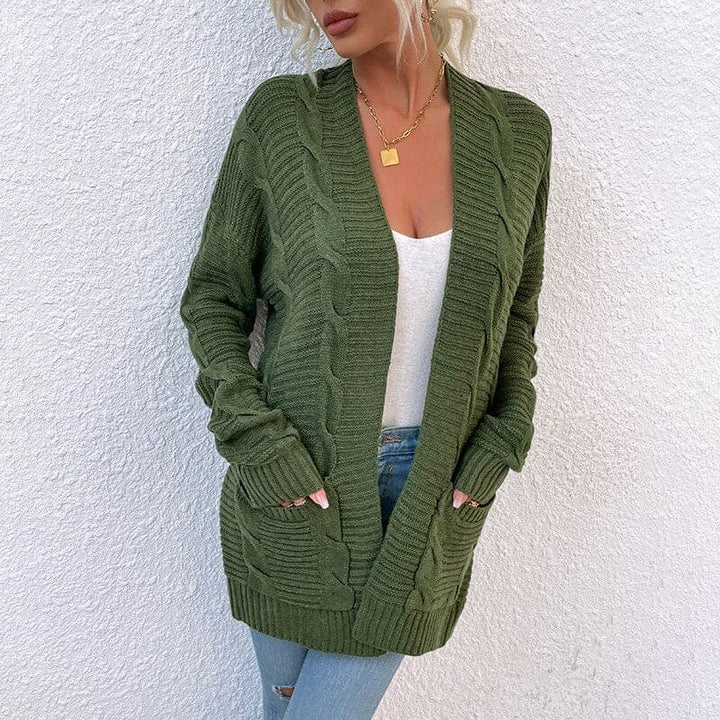Drune | Strickjacke Gestrickte Kabelmuster Offene Vorderseite Langärmlig Mit Taschen