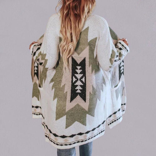 Drune | Langer StrickStrickjacke Lockere Passform Geometrisches Muster Bequemes Layering