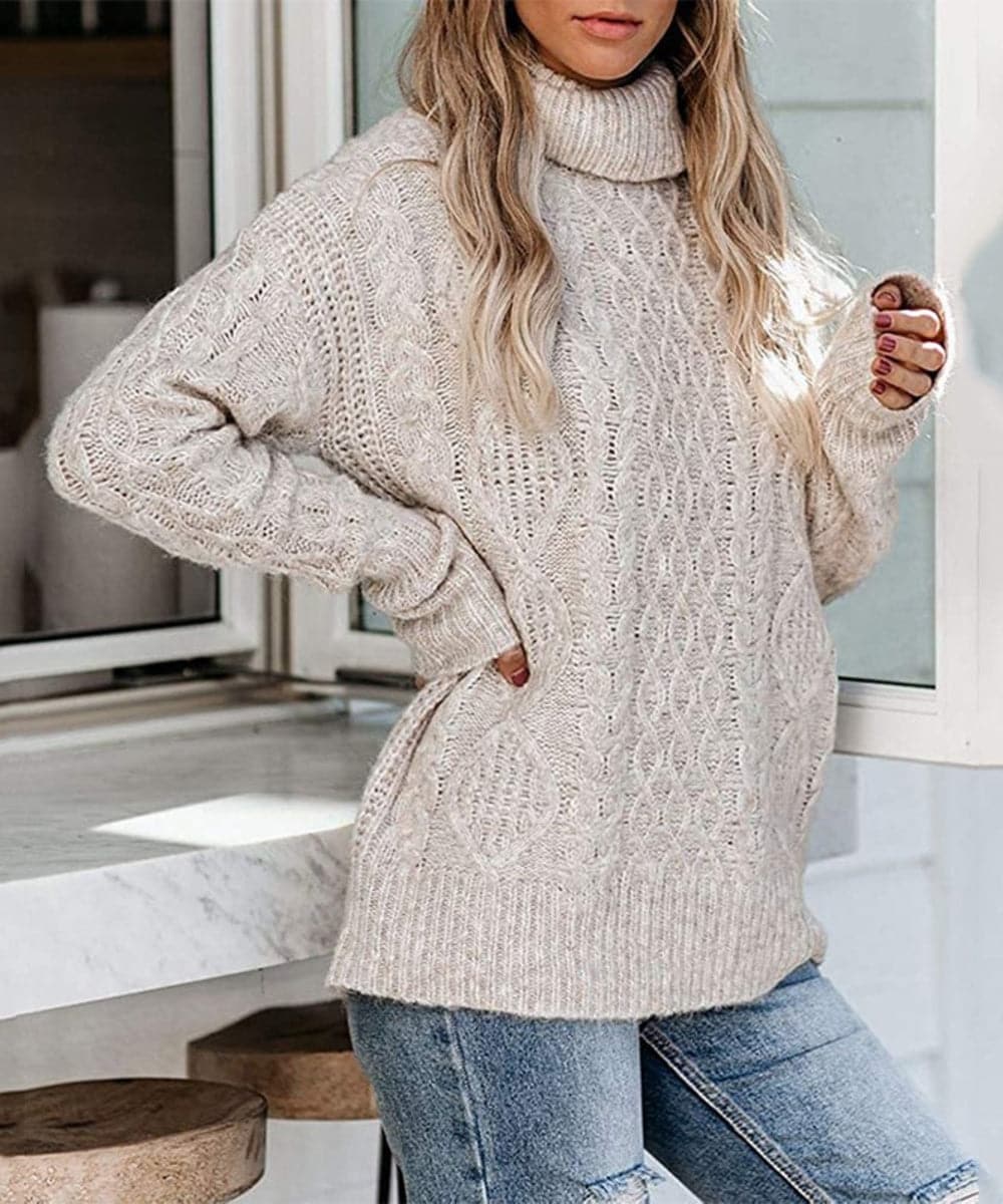 Drune | Strickpullover Zopfstrick Hoher Kragen Langarm Lockere Passform
