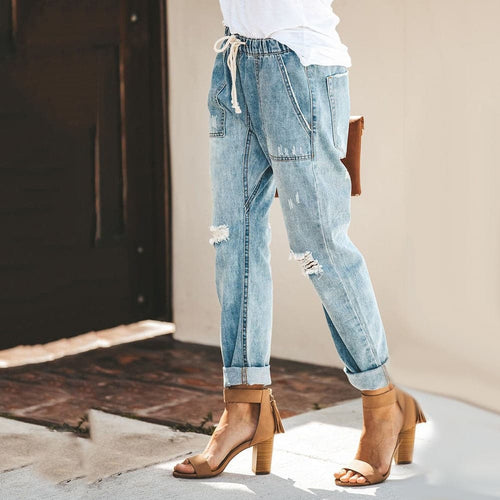 Drune | Relaxed Fit Zerrissene Denim Elastischer Bund Mit Kordelzug