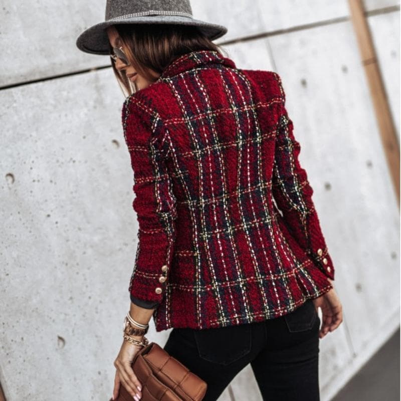 Drune | Blazer Tweed Stoff Karomuster Taillierte Passform Goldene Knöpfe