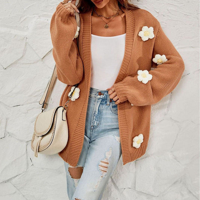 Drune | Blumengemusterter Strickcardigan Polyester Braun, Blumendetails, Komfortabel