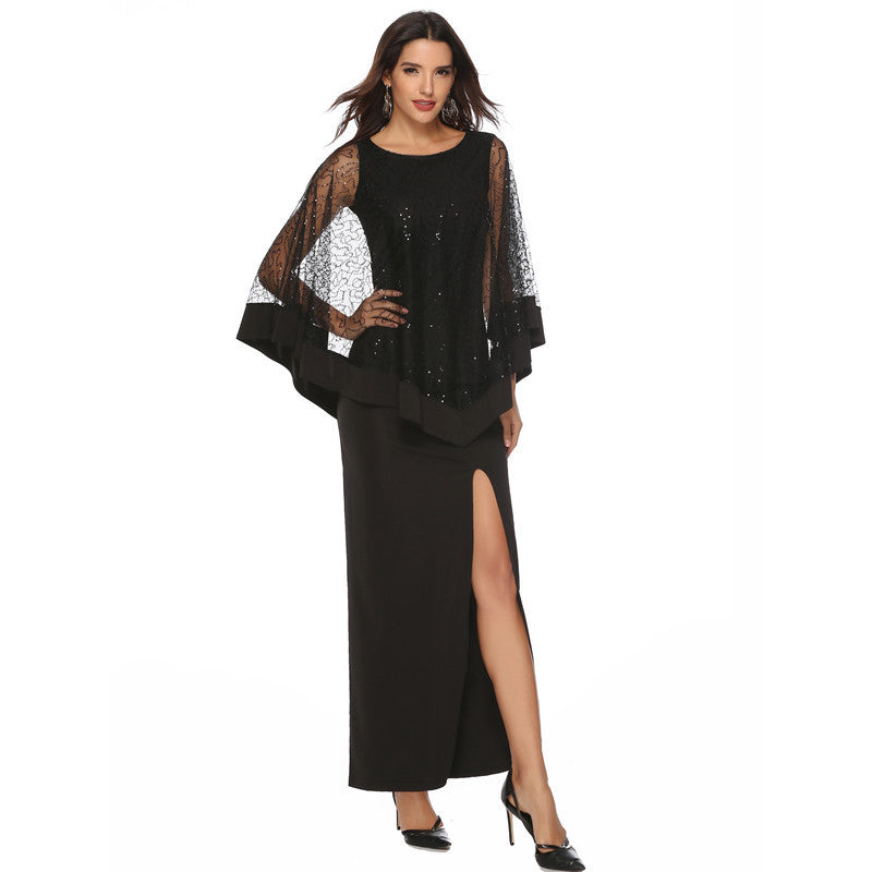 Damen Elegantes Abendkleid mit transparenten Spitzenärmeln und hohem Schlitz Drune