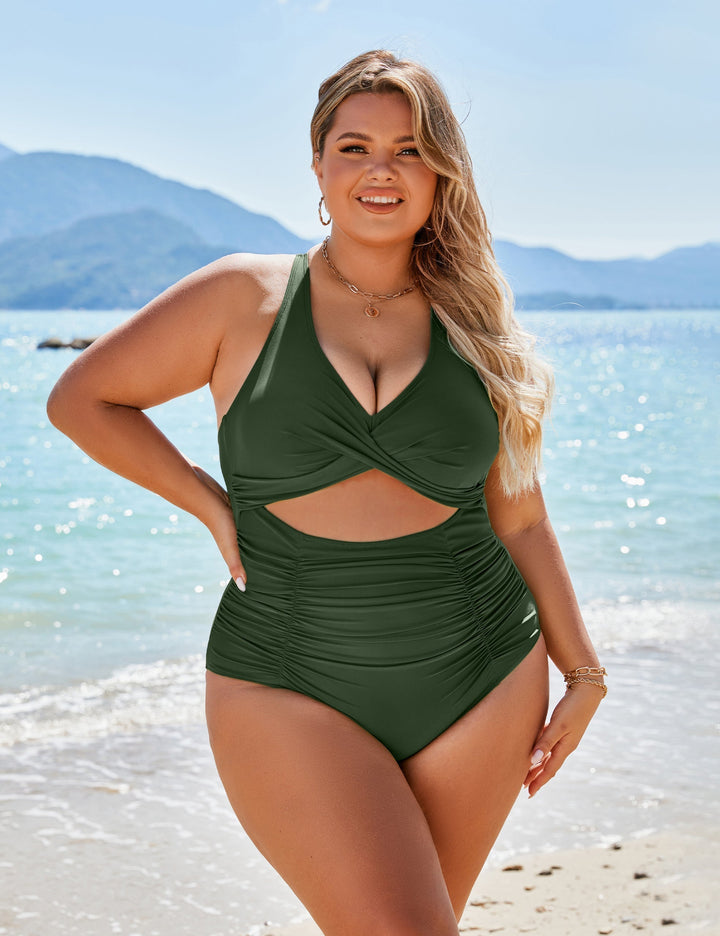 Drune | Damen Einteiler Badeanzüge Push Up Bauchkontrolle Badeanzüge V-Ausschnitt Cutout Anständige Bademode