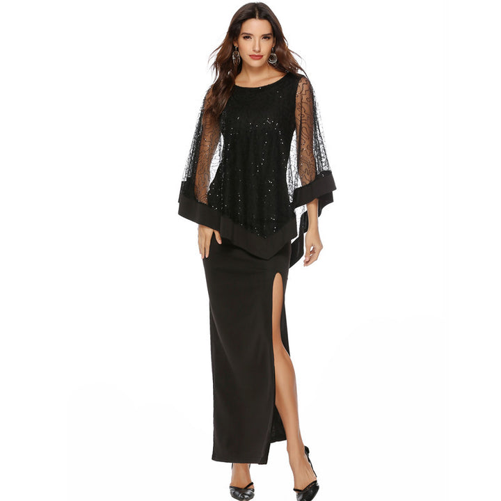 Damen Elegantes Abendkleid mit transparenten Spitzenärmeln und hohem Schlitz Drune