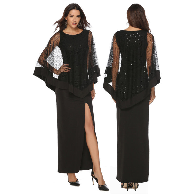 Damen Elegantes Abendkleid mit transparenten Spitzenärmeln und hohem Schlitz Drune