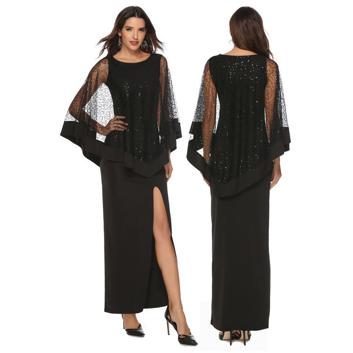 Damen Elegantes Abendkleid mit transparenten Spitzenärmeln und hohem Schlitz Drune