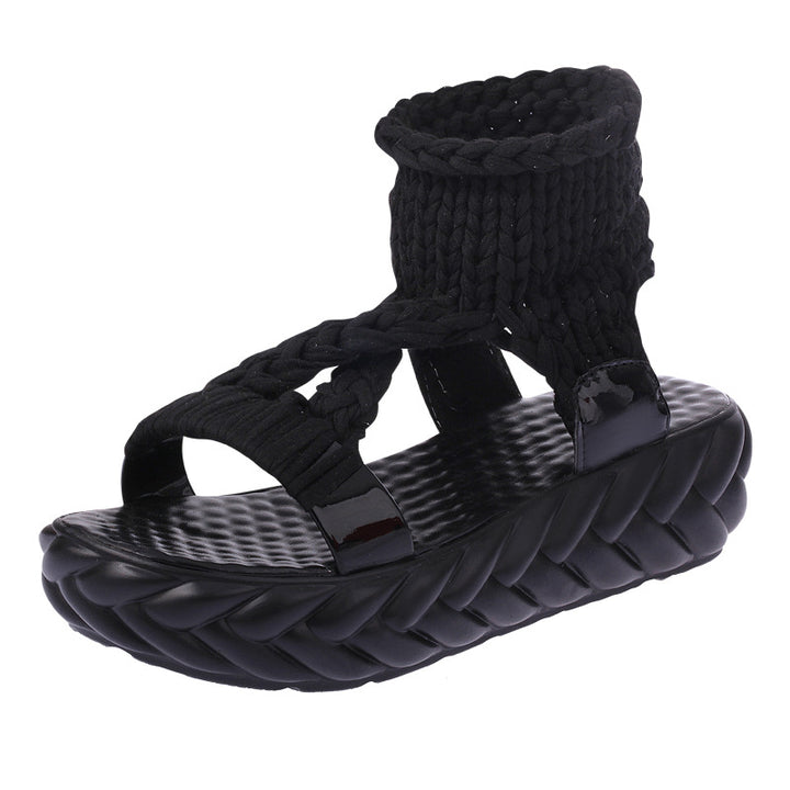Damen nan handgeflochtene Strick-Sandalette mit elastischem Knöchelsteg und ergonomischer Schaumpolstersohle Drune