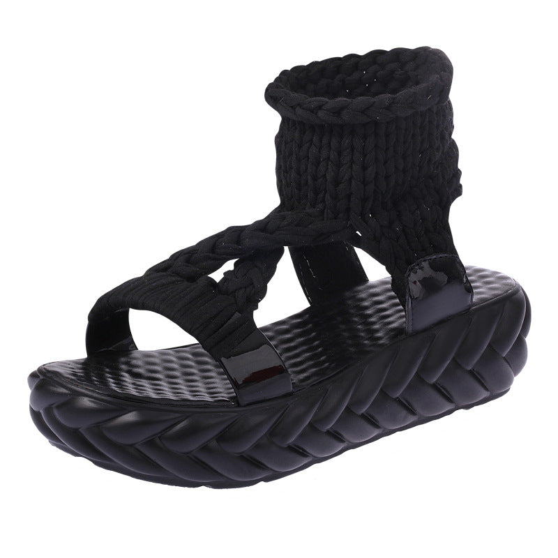 Damen nan handgeflochtene Strick-Sandalette mit elastischem Knöchelsteg und ergonomischer Schaumpolstersohle Drune