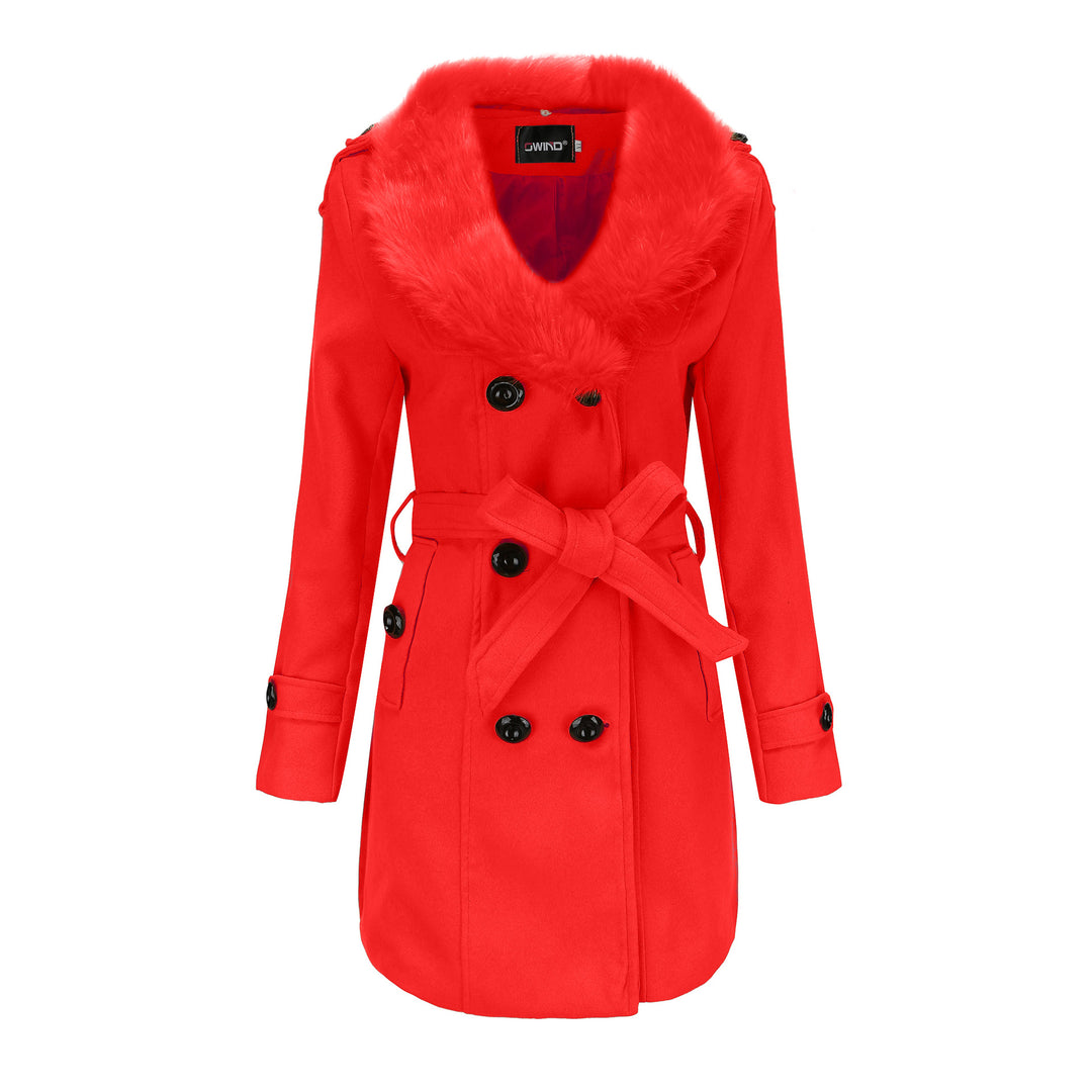 Damen eleganter Trenchcoat mit Kunstpelzkragen und Taillengürtel Drune