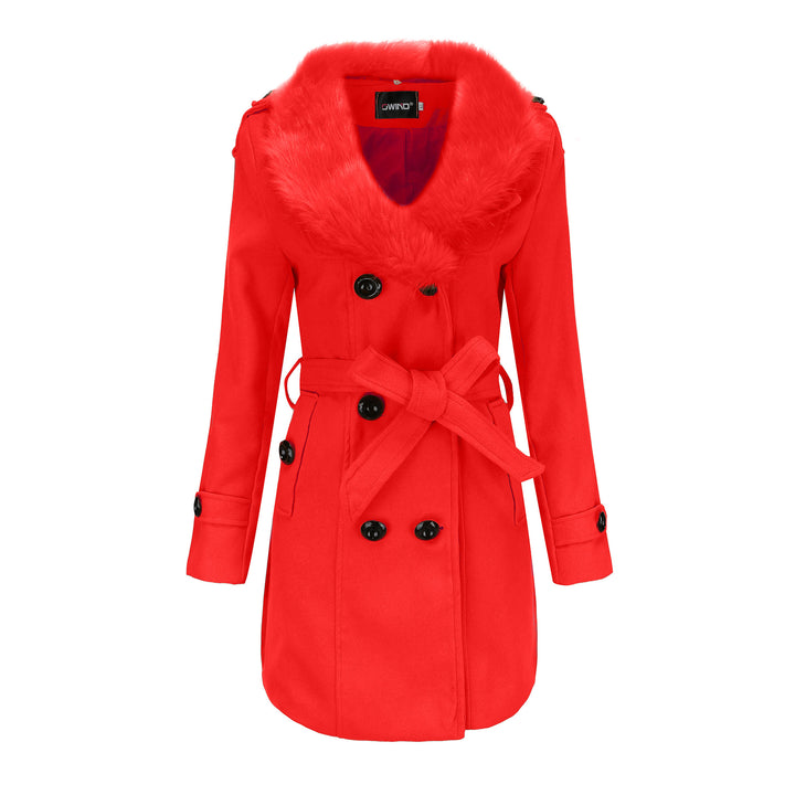 Damen eleganter Trenchcoat mit Kunstpelzkragen und Taillengürtel Drune