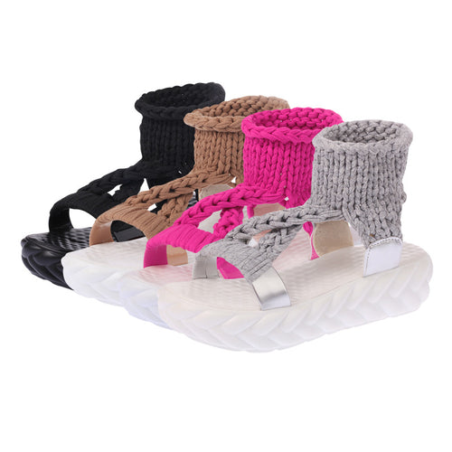 Damen nan handgeflochtene Strick-Sandalette mit elastischem Knöchelsteg und ergonomischer Schaumpolstersohle Drune