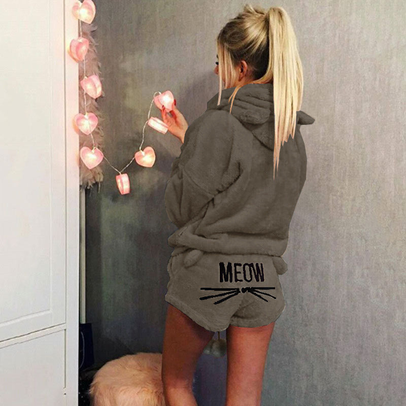 Damen nan kuscheliges zweiteiliges Lounge-Set mit Kapuzenpullover und Shorts mit MEOW-Stickerei Drune