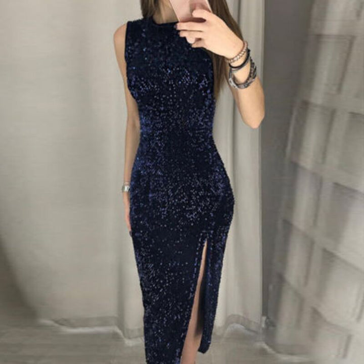 Damen Elegantes Party-Kleid mit glitzerndem Paillettenbesatz und hohem Schlitz Drune