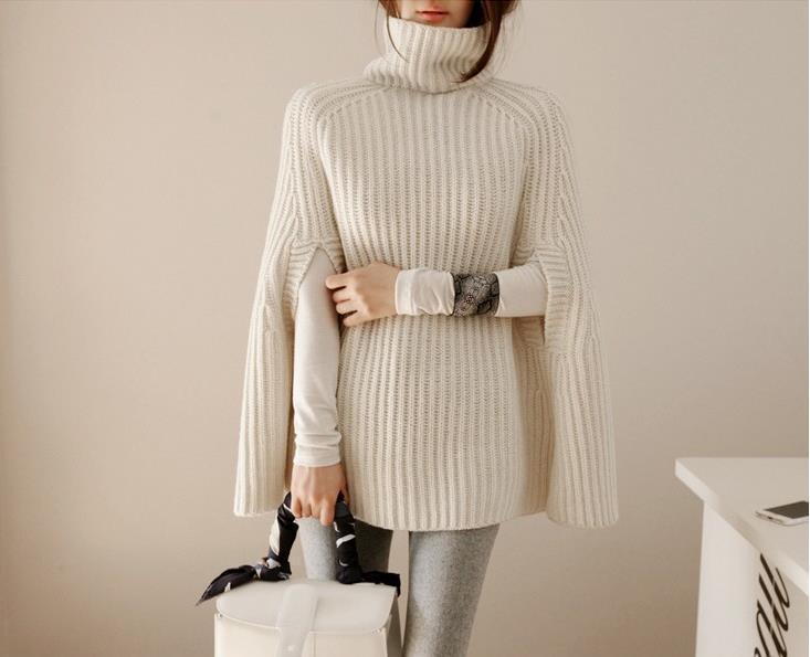 Damen Strickpullover mit weitem Stehkragen und klassischem Cape-Design Drune