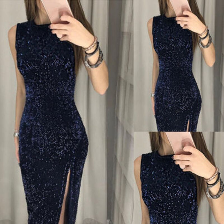 Damen Elegantes Party-Kleid mit glitzerndem Paillettenbesatz und hohem Schlitz Drune