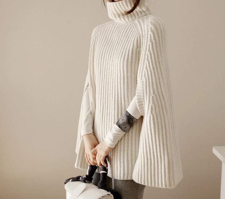 Damen Strickponcho mit hohem Kragen und seitlichen Schlitzen Drune