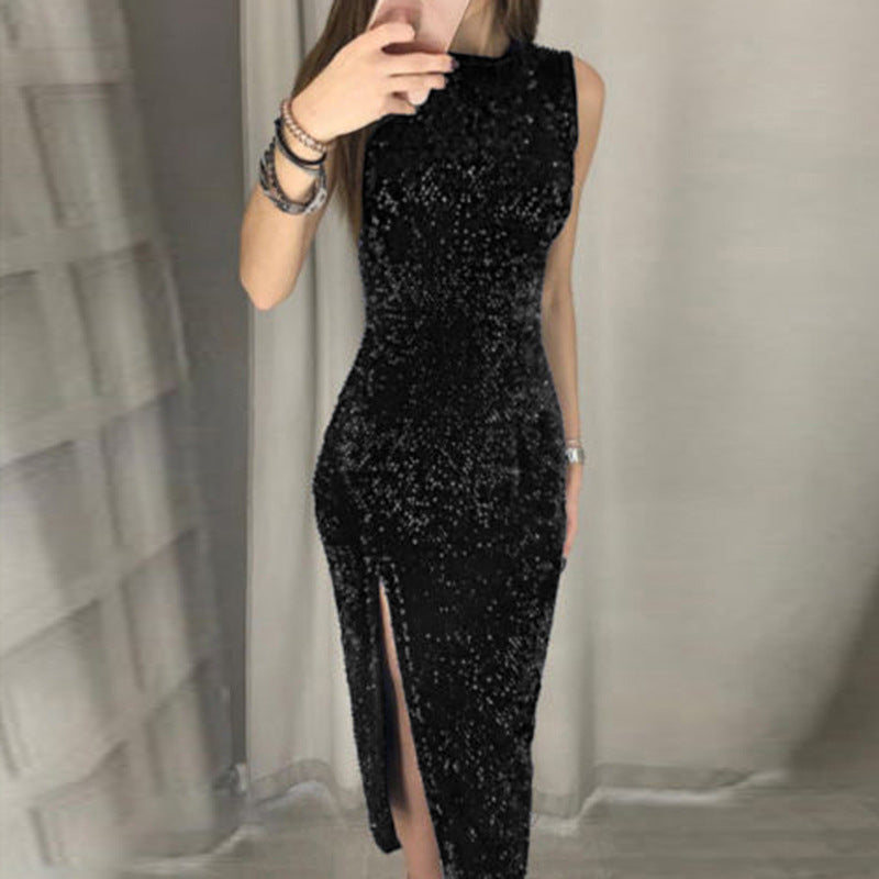 Damen Elegantes Party-Kleid mit glitzerndem Paillettenbesatz und hohem Schlitz Drune