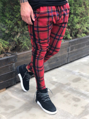 Herren Slim-Fit Freizeithosen mit Karo-Muster und elastischem Bund Drune