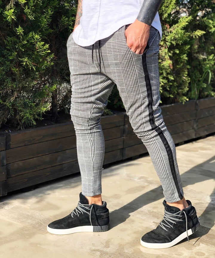 Herren Slim-Fit Freizeithosen mit Karo-Muster und elastischem Bund Drune
