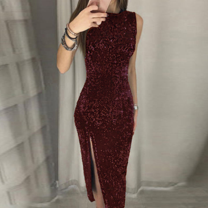 Damen Elegantes Party-Kleid mit glitzerndem Paillettenbesatz und hohem Schlitz Drune