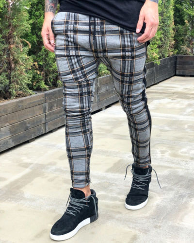 Herren Slim-Fit Freizeithosen mit Karo-Muster und elastischem Bund Drune
